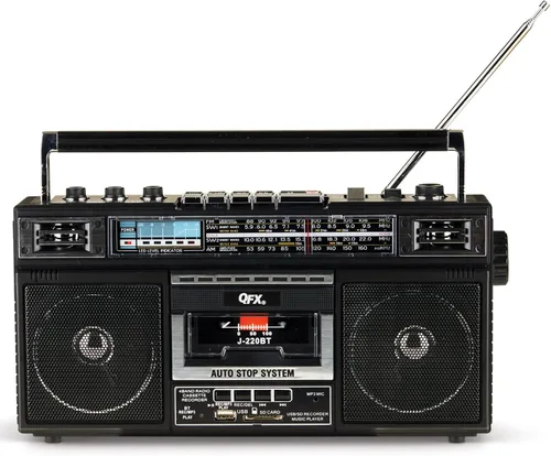 QFX J-220BT Boombox MP3 Conversión de radio a casete con radio de 4 bandas (AM, FM, SW1, SW2) con Bluetooth, batería recargable, altavoces duales de