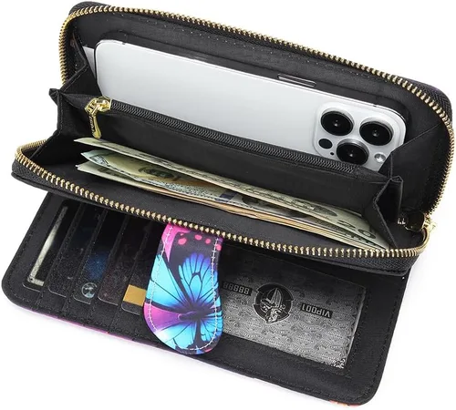 Miniatura 16 de Cartera de mano para mujer, estilo bohemio, con RFID, elegante, espaciosa con correa para viajes, capacidad para tarjetas, teléfono, dinero