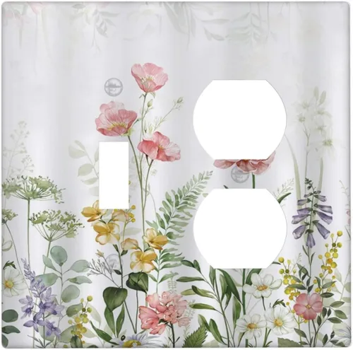 Miniatura 127 de Cubiertas de Salida Triple Basculante con Hojas de Plantas de Eucalipto Azul en Acuarela Floral, Placa Frontal Decorativa de 3 Posiciones, Cubierta