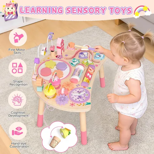 Miniatura 3 de Mesa de actividades de madera para niños pequeños de 1 a 3 años, unicornio 10 en 1, tablero Montessori ocupado con forma de laberinto de cuentas