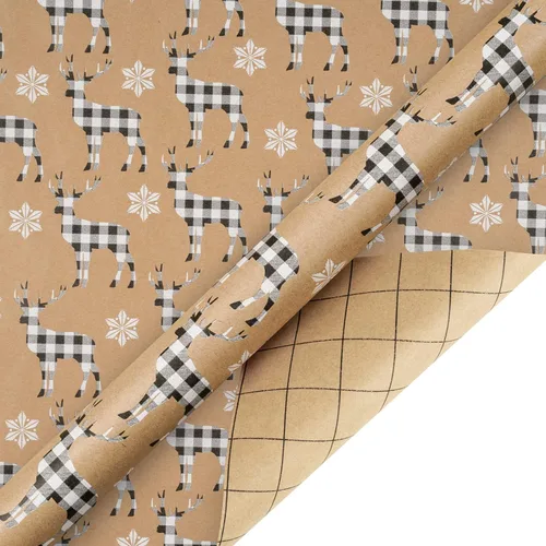 Miniatura 7 de RUSPEPA - Papel para envolver regalos de Navidad, papel kraft – diseños de ciervos, copos de nieve y cuadros – 4 rollos – 30 pulgadas x 10 pies por