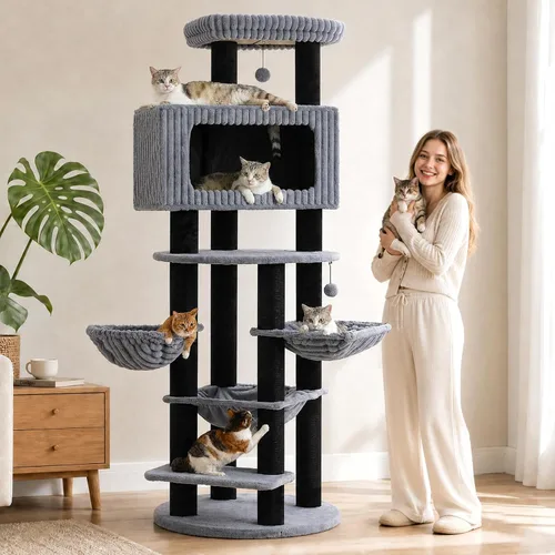 Miniatura 11 de Árbol para gatos resistente de 67 pulgadas para gatos grandes adultos de interior, torre XXL para gatos con 13 postes rascadores gruesos (φ4.3)