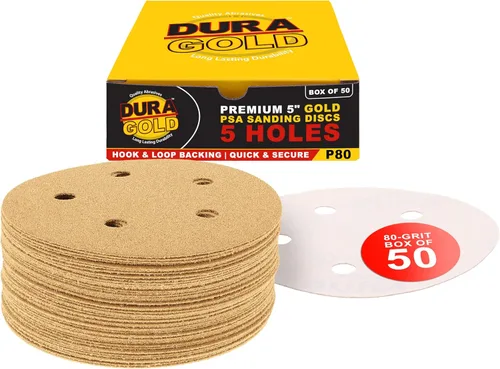 Dura-Gold - Premium - Grano 80 - Discos de lija dorados de 5 pulgadas - Gancho y bucle sin polvo de 5 agujeros para lijadora DA - Caja de 50 discos