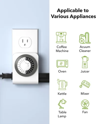 Miniatura 5 de BN-LINK Temporizador de salida con 2 enchufes con conexión a tierra, temporizador de luz mecánico para enchufe eléctrico interior, 24 horas, 3