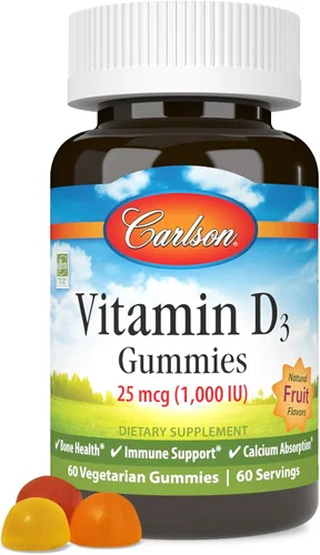 Carlson - Gomitas de vitamina D3, 1000 UI (25 mcg), salud ósea, apoyo inmunológico y absorción de calcio, sabores naturales de frutas, 60 gomitas