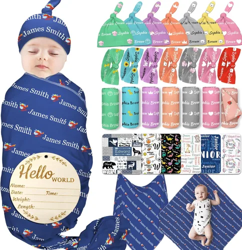 Miniatura 9 de Manta personalizada para bebé niña y niño con diadema de lazo y sombrero, manta personalizada con nombre para bebé, regalos para recién nacidos