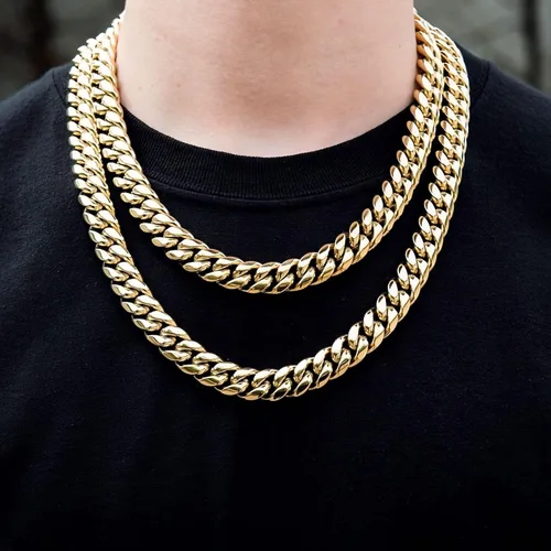 Miniatura 4 de Zsllzm Cadena de eslabones cubanos Miami para hombre chapada en oro de 14 quilates acero inoxidable sólido joyería Hip Hop de 0394in0472in0551in