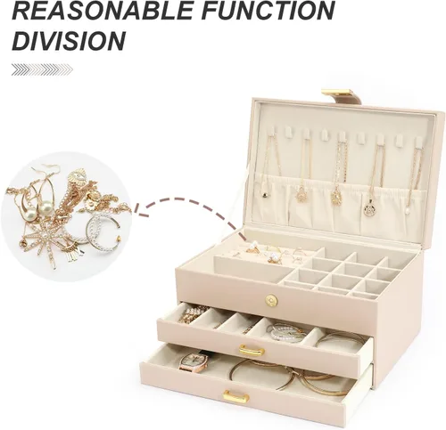 Miniatura 6 de V-LAFUY Organizador de joyas, organizador de joyas medio y almacenamiento, caja de joyería de 3 niveles con 2 cajones, cajas de joyería
