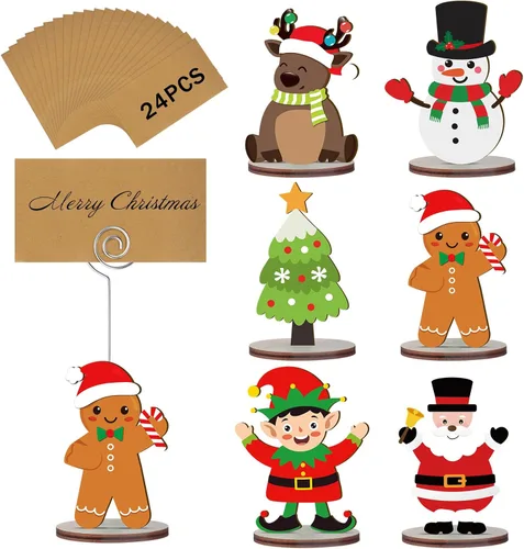 Croblissful 24 portatarjetas de madera de Navidad con 30 tarjetas de lugar de papel de estraza de Papá Noel, muñeco de nieve, alce, memo, nombre,