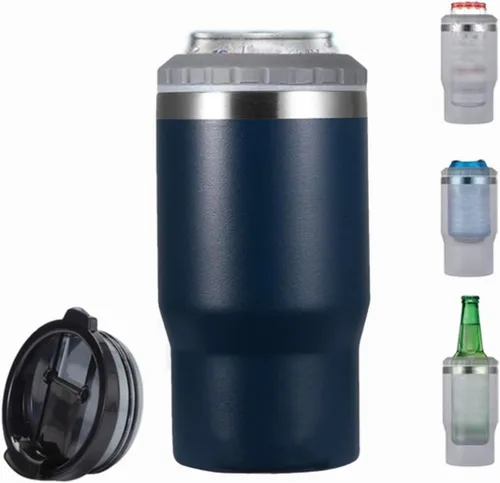 Enfriador de latas de acero inoxidable de 14 oz, 4 en 1, con aislante para botellas de cerveza de 12 oz, con 2 tapas, enfriador térmico aislado de