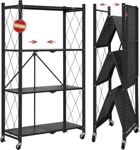 DEANIC Estantes de almacenamiento plegables de 4 niveles con ruedas, estantería de gran capacidad, estante de alambre de metal independiente,