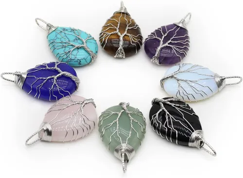 4 colgantes de piedra natural, forma de gota de agua, chakra, cristal, ágata, alambre de piedra, tejer, diseño de árbol de la vida, para hacer