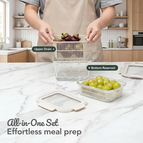 Miniatura 8 de GENICOOK Contenedores de almacenamiento de vidrio para refrigerador, paquete de 2 – Recipientes herméticos para frutas y verduras con coladores