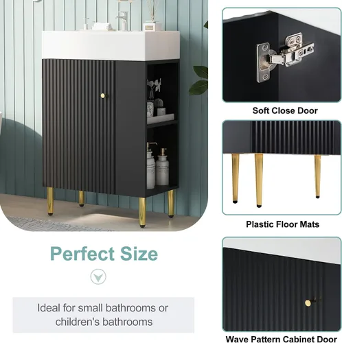 Miniatura 4 de P PURLOVE Tocador de baño pequeño con fregadero, armario de baño estrecho de madera con puerta de cierre suave y almacenamiento lateral derecho