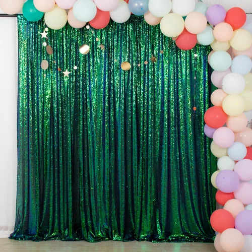 Miniatura 90 de ShinyBeauty Cortinas de lentejuelas 2 paneles 2 pies x 8 pies verde iridescente, telón de fondo para fotomatón, fondo para graduaciones, baby
