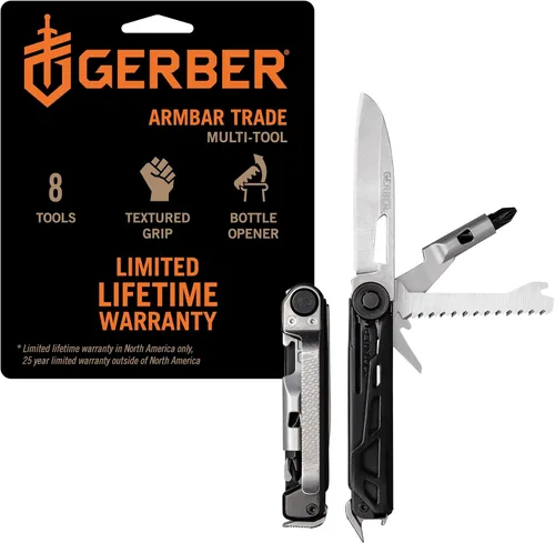 Miniatura 9 de Gerber Gear Armbar Trade 8-en-1 Multiherramienta - Cuchilla de 6.35 cm de borde liso, palanca, martillo - Equipo EDC y accesorios - Plata