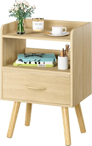 Miniatura 11 de Yoobure - Mesita de noche moderna con cajón, mesas de cabecera, mesitas de noche de mediados de siglo con estante de almacenamiento abierto, mesa