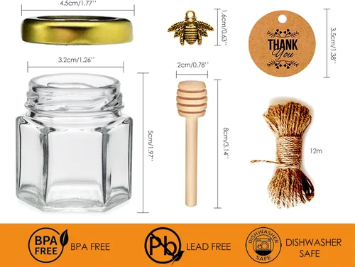 Miniatura 5 de Mini tarros de miel, 1.5 onzas de cristal hexagonal con goteros, abalorios de abeja, bolsas de regalo de organza y calcomanías, perfecto