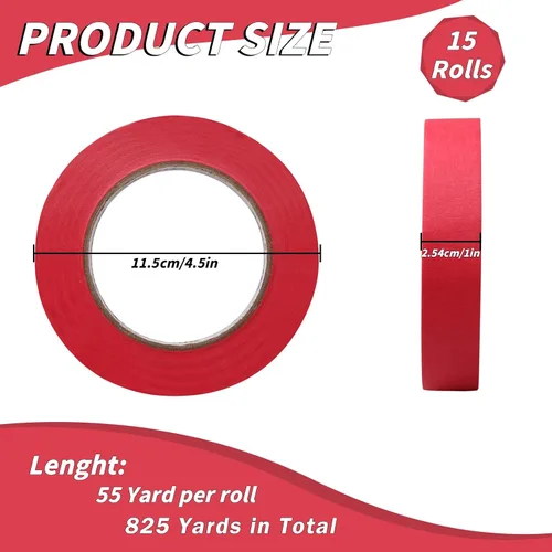 Miniatura 2 de Oleitodh 15 rollos de cinta roja para pintores a granel de 1 pulgada x 825 yardas, cinta de enmascarar para pintores sin residuos, cinta de pintura