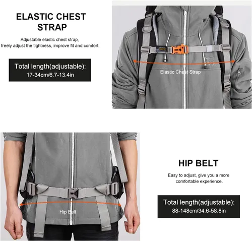 Miniatura 5 de MOUNTAINTOP Mochila de marco interno de 80L para hombre y mujer Mochila de senderismo con cubierta de lluvia Negro-80L