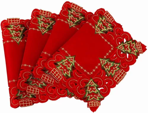 Miniatura 2 de Grelucgo Juego de 4 manteles individuales bordados con árbol de acebo de Navidad, rectangular, 12 x 18 pulgadas