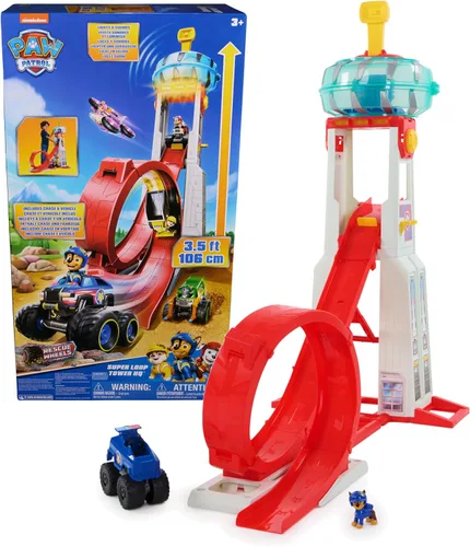 PAW Patrol: Rescue Wheels Super Loop Tower HQ, con luz, sonido, lanzador de vehículos, figura de acción de Chase y camión de juguete, juguetes para