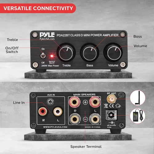 Miniatura 6 de Pyle - Mini amplificador estéreo Bluetooth para el hogar de 240 W, microreceptor compacto de 2 canales con diales de control de graves y agudos