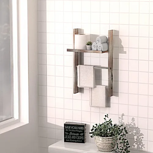 Miniatura 2 de J JACKCUBE DESIGN Toallero de pared de madera rústica con estante, escalera de manta para baño, soporte de toallas de mano de cocina, colgador