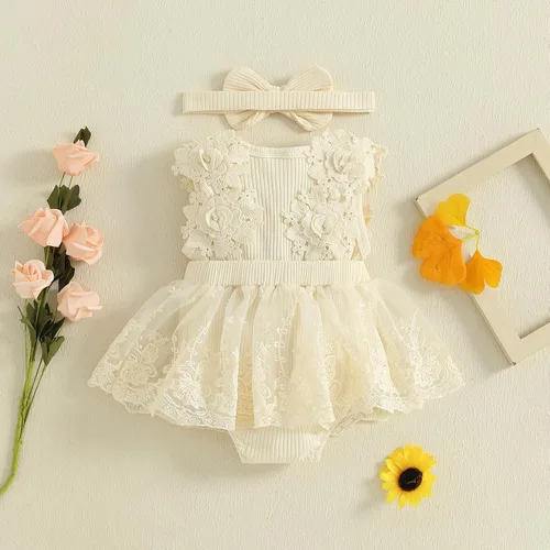 Miniatura 73 de Mubineo Ropa de verano para bebé niña, sin mangas, encaje floral, vestido de mameluco para recién nacido