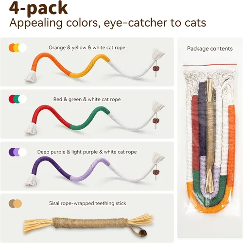 Miniatura 6 de Juguetes para gatos de interior, cuerdas para masticar 3 piezas y palo de vid plateada, 1 pieza con fruta de la agalla, hierba gatera recargable