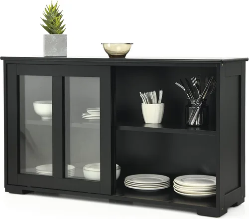 LOKO Armario apilable para bufé, armario de almacenamiento de cocina con puertas corredizas de vidrio templado, pequeño aparador para cocina, Negro