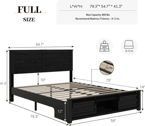 Miniatura 2 de Base de cama tamaño matrimonial con cabecero de madera, estructura de cama de plataforma de madera con estribo de puerta corrediza de granero