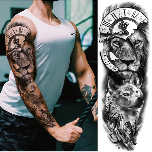 Miniatura 2 de Manga de Tatuaje Temporal de León y Leopardo para Hombres y Mujeres, Manga Completa Grande de Bosque Negro Lobo Tribal, Tatuajes Falsos de Duración