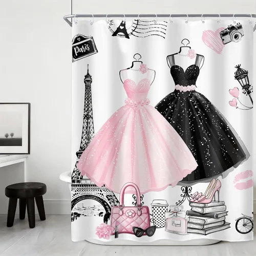 Miniatura 9 de Riyidecor Cortina de ducha negra de moda de 60 pulgadas de ancho x 72 pulgadas de alto, vestido femenino blanco y negro, torre Eiffel, perfume