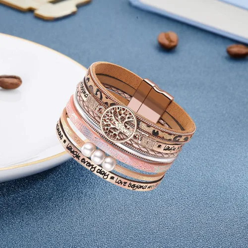 Miniatura 4 de Pulseras inspiradoras de cuero con árbol de la vida para mujeres, regalos de joyería para adolescentes y niñas, Metal, Circonita cúbica