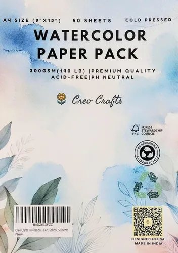 Creo Crafts Papel de acuarela profesional | Papel prensado en frío A4 de 300 GSM, sin ácidos, 50 hojas, ideal para artistas, dibujo profesional,