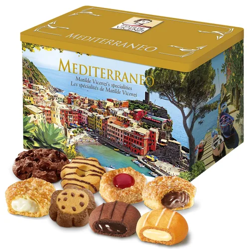 Matilde Vicenzi Mediterraneo - Lata de regalo 32.5 oz con galletas y pasteles italianos surtidos, envueltos individualmente, regalo gourmet para