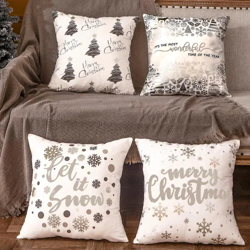JOJOGOGO Decoraciones de Navidad Fundas de Almohada de Navidad Plateadas y Blancas 18x18 Juego de 4, Decoración de Navidad Plateada Copos de Nieve