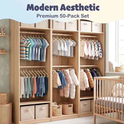 Miniatura 9 de HOUSE DAY Perchas de terciopelo para bebés de 11 pulgadas, paquete de 50 perchas color beige de primera calidad para niños, ropa de bebés y niños