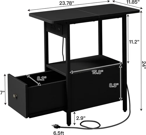 Miniatura 3 de LIDYUK Mesa auxiliar con estación de carga, mesa auxiliar estrecha con cajón, puertos USB y tomas de corriente, mesita de noche para espacios Negro