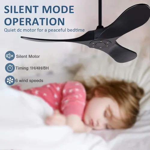 Miniatura 5 de Ventilador de techo de 42 pulgadas de madera maciza con control remoto, ventilador de techo negro sin luz, 6 velocidades, silencioso, motor CC