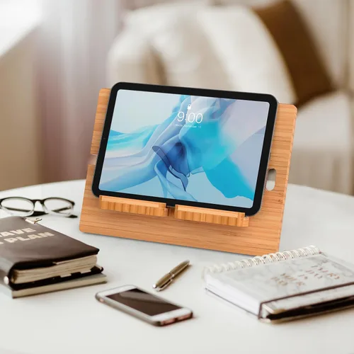 Miniatura 5 de Pezin & Hulin Soporte ajustable de bambú para tableta, soporte para teléfono celular de escritorio compatible con Pad Air/Pro/Mini, lector