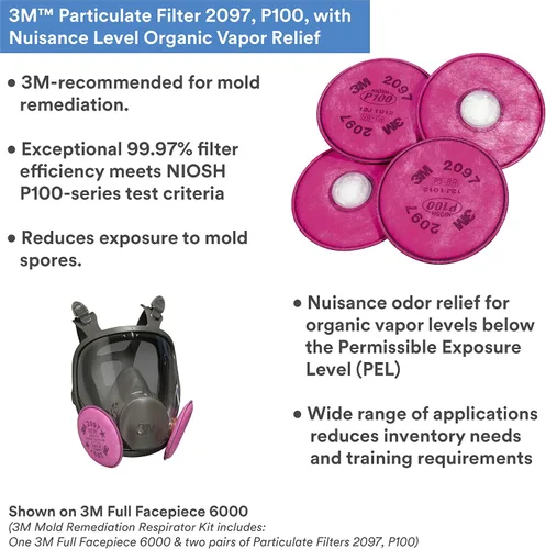 Miniatura 4 de 3M - Kit de respirador, cara completa 6900, reutilizable, grande, más 4 filtros de partículas 2097, P100 para eliminación de moho, polvo, plomo