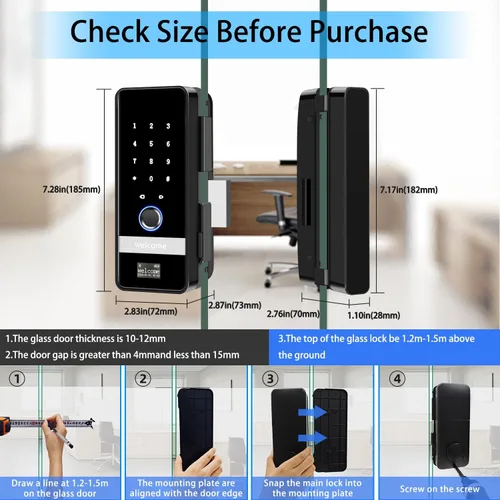 Miniatura 6 de Cerradura de puerta de vidrio inteligente, cerradura de puerta de entrada sin llave, cerraduras de puerta de vidrio biométricas con huella digital