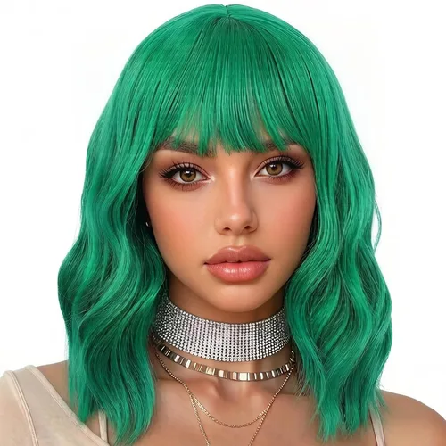 Miniatura 16 de eNilecor Peluca de color negro a marrón para mujer, peluca de pelo corto ondulado rizado con flequillo, 14 pulgadas, disfraz de fiesta sintético