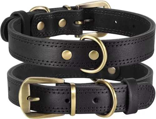 Miniatura 9 de Didog Collar de perro de cuero genuino para perros pequeños, duradero y suave, con anillos dobles en D y hebilla de metal, marrón, S