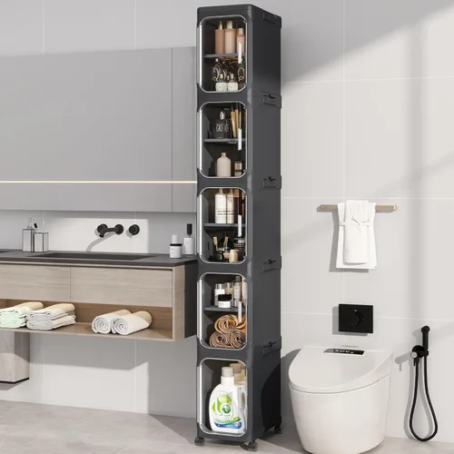 Miniatura 7 de Armario de almacenamiento de baño delgado de 2 niveles, gabinetes de almacenamiento plegables, almacenamiento de baño estrecho, organizador