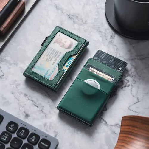 Miniatura 30 de VULKIT Billetera minimalista con ventana de identificación y bolsillo EDC con bolsillo desplegable para tarjetas de crédito y bloqueo RFID, diseño