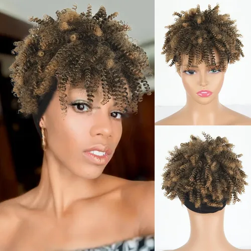 Aisaide Peluca rizada afro de color marrón degradado con flequillo, peluca rizada sintética natural con diadema adjunta