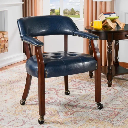 Sillas de comedor con ruedas y brazo, sillas de capitán Caster Boss con patas de madera maciza, sillas de escritorio de oficina con botón tapizado,